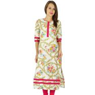 Phagun Bollywood Kurta Hintli Tasarımcı Kadın Etnik Kurti Pamuk Kırık Beyaz ve Macenta Kadın Tunik Elbise