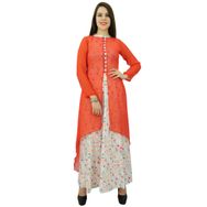 Phagun Çiçek Tasarımlı Pamuklu Kurti Etnik Kurta Günlük Kırmızı Beyaz Kadın Elbise