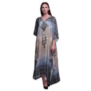 Phagun Çiçekli Damasko Kaftan Tatil Ev Giysisi Maksi Plaj Örtüsü Lavanta Mavisi Kadın Elbise