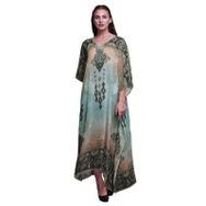 Phagun Çiçekli Damasko Kaftan Tatil Ev Giysisi Maksi Plaj Örtüsü Nane Yeşili Kadın Elbise