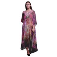Phagun Çiçekli ve Kafatası Kaftan Tatil Ev Giyimi Maksi Plaj Örtüsü Mor Kadın Elbise