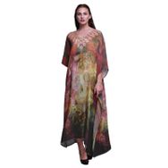 Phagun Çiçekli ve Kafatası Kaftan Tatil Ev Giyimi Maksi Plaj Örtüsü Pembe Kadın Elbise