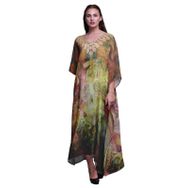 Phagun Çiçekli ve Kafatası Kaftan Tatil Ev Giyimi Maksi Plaj Örtüsü Sarı Kadın Elbise