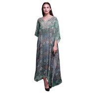 Phagun Çiçekli ve Leopar Desenli Uzun Plaj Kaftan Bikini Örtü Maksi Deniz Yeşili Kadın Elbise