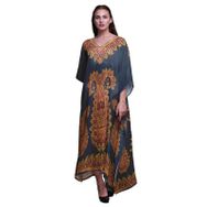 Phagun Çiçekli ve Şal Desenli Uzun Kaftan Maksi Plaj Mayo Lacivert Kadın Elbise
