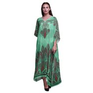 Phagun Çiçekli ve Şal Desenli Uzun Kaftan Maksi Plaj Mayo Nane Yeşili Kadın Elbise