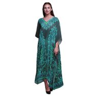 Phagun Çiçekli ve Şal Desenli Uzun Plaj Kaftan Bikini Örtü Maksi Cam Göbeği Mavisi Kadın Elbise