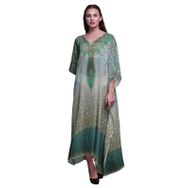 Phagun Çiçekli ve Şal Desenli Uzun Plaj Kaftan Bikini Örtü Maksi Deniz Yeşili Kadın Elbise