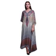 Phagun Çiçekli ve Şal Desenli Uzun Plaj Kaftan Bikini Örtü Maksi Morumsu Mavi Kadın Elbise