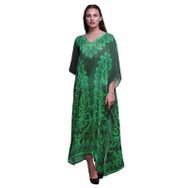 Phagun Çiçekli ve Şal Desenli Uzun Plaj Kaftan Bikini Örtü Maksi Orman Yeşili Kadın Elbise