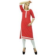 Phagun Düz Suni İpek Kurti Baskılı Günlük Hint Kırmızı Beyaz Kadın Tunik