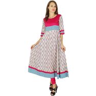 Phagun Etnik Bollywood Kurta Hint Pamuk Tasarımcı Kadın Kurti Kırık Beyaz ve Macenta Kadın Tunik Elbise