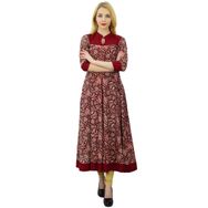 Phagun Etnik Tasarımcı Kurta Pamuk Çiçekli Anarkali Kurti Bordo Bej Kadın Elbise