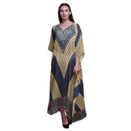 Phagun Geometrik Afrika Kaftan Ev Giysisi Maksi Plaj Örtüsü Lacivert Kadın Elbise