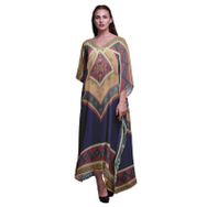 Phagun Geometrik Afrika Kaftan Ev Giysisi Maksi Plaj Örtüsü Lacivert Kadın Elbise