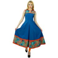 Phagun Günlük Tasarımcı Kurti Pamuk Etnik Kolsuz Anarkali Kurta Camgöbeği Mavi Turuncu Kadın Elbise