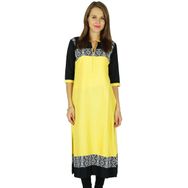 Phagun Hint Etnik Kurti Pamuk Tasarımcı Bollywood Kurta Soluk Sarı Siyah Kadın Tunik