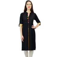 Phagun Hint Etnik Suni İpek Kurti Tasarımcı Pom Kurta Siyah Kadın Tunik
