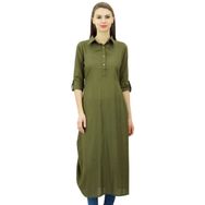 Phagun Hint Pamuk Karışımı Kurti Kurta Gündelik Yaka Zeytin Yeşili Kadın Tunik