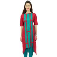 Phagun Hint Pamuk Tasarım Tunik Üst Asimetrik Kurti Günlük Giyim Kurta Kırmızı ve Camgöbeği Yeşil Kadın Tunik