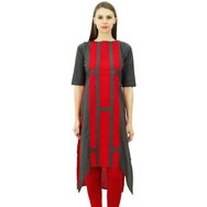 Phagun Hint Pamuk Tasarım Üst Asimetrik Etek Kurti Günlük Giyim Kurta Gri ve Kırmızı Kadın Tunik