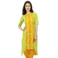 Phagun Hint Pamuk Tasarım Üst Asimetrik Etek Kurti Günlük Giyim Kurta Yeşil ve Turuncu Kadın Tunik