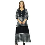 Phagun Kadın Baskılı Kurti A Kesim Pamuk Uzun Kurta 3/4 Kol Siyah Kadın Tunik