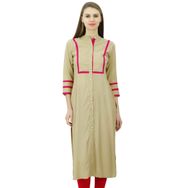 Phagun Kadın Suni İpek Düz Kurta Önü Açık Kurti Mandarin Yaka Hint Üstü Bej Kadın Tunik