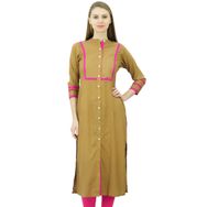 Phagun Kadın Suni İpek Düz Kurta Önü Açık Kurti Mandarin Yaka Hint Üstü Kahverengi Kadın Tunik