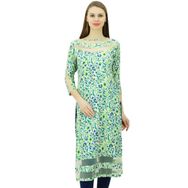 Phagun Kadın Tasarımcı Tunik Hint Etnik Çiçekli Kurta Suni İpek Net Kurti Yeşil ve Mavi Kadın Tunik