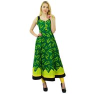 Phagun Kurti Etnik Tasarım Pamuk Anarkali Kurta Yaprak Baskılı Günlük Yeşil Siyah Kadın Elbise
