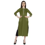 Phagun Kurti Günlük Uzun 3/4 Kollu Tasarımcı Boyun Etnik Kurta Zeytin Yeşili Kadın Elbise