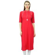 Phagun Mandarin Yaka Kurti Etnik Hindistan Tunik Üst Suni İpek Kurta Kırmızı Kadın Tunik
