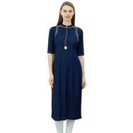 Phagun Mandarin Yaka Kurti Etnik Hindistan Tunik Üst Suni İpek Kurta Lacivert Kadın Tunik