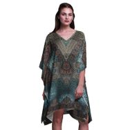 Phagun Mavi Çiçekli Şal Desenli Kısa Plaj Kaftan Bikini Örtü Midi Cam Göbeği Mavisi Kadın Elbise