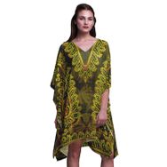 Phagun Mavi Çiçekli Şal Desenli Kısa Plaj Kaftan Bikini Örtü Midi Koyu Zeytin Yeşili Kadın Elbise