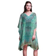 Phagun Mavi Çiçekli Şal Desenli Kısa Plaj Kaftan Bikini Örtü Midi Nane Yeşili Kadın Elbise