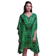 Phagun Mavi Çiçekli Şal Desenli Kısa Plaj Kaftan Bikini Örtü Midi Orman Yeşili Kadın Elbise
