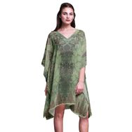Phagun Mavi Çiçekli Şal Desenli Kısa Plaj Kaftan Bikini Örtü Midi Yeşilimsi Bej Kadın Elbise