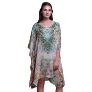 Phagun Mavi Çiçekli ve Kafatası Kaftan Tatil Ev Kıyafeti Midi Plaj Örtüsü Açık Pembe Somon Kadın Elbise