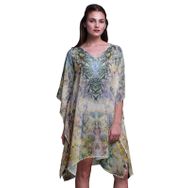 Phagun Mavi Çiçekli ve Kafatası Kaftan Tatil Ev Kıyafeti Midi Plaj Örtüsü Açık Sarı Kadın Elbise