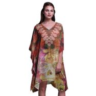 Phagun Mavi Çiçekli ve Kafatası Kaftan Tatil Ev Kıyafeti Midi Plaj Örtüsü Sarı Kadın Elbise