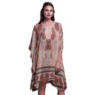 Phagun Mavi Çiçekli ve Şal Desenli Kaftan Tatil Ev Kıyafeti Midi Plaj Örtüsü Açık Pembe Somon Kadın Elbise