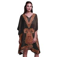 Phagun Mavi Çiçekli ve Şal Desenli Kaftan Tatil Ev Kıyafeti Midi Plaj Örtüsü Koyu Kahverengi Kadın Elbise