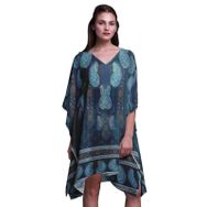 Phagun Mavi Çiçekli ve Şal Desenli Kaftan Tatil Ev Kıyafeti Midi Plaj Örtüsü Lacivert Kadın Elbise