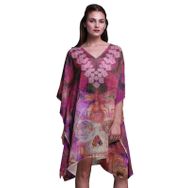 Phagun Mavi Çiçekli ve Şal Desenli Kaftan Tatil Ev Kıyafeti Midi Plaj Örtüsü Mor Kadın Elbise