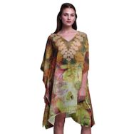 Phagun Mavi Çiçekli ve Şal Desenli Kaftan Tatil Ev Kıyafeti Midi Plaj Örtüsü Pembe Kadın Elbise