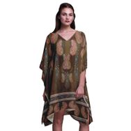 Phagun Mavi Çiçekli ve Şal Desenli Kaftan Tatil Ev Kıyafeti Midi Plaj Örtüsü Zeytin Yeşili Kadın Elbise