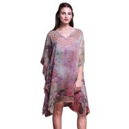 Phagun Mavi Serçe Kuş Kaftan Tatil Ev Kıyafeti Midi Plaj Örtüsü Pembe Somon Kadın Elbise