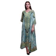 Phagun Paisley Etnik Uzun Plaj Kaftan Bikini Örtü Maksi Turkuaz Yeşil Kadın Elbise